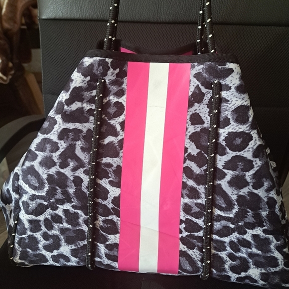 Leopard print NEOPRENE carry all tote travel pink white stripe coastal beach XL - Picture 10 of 13